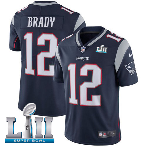Nike Patriots #12 Tom Brady Navy Blue Team Color Super Bowl LII Youth Stitched NFL Vapor Untouchable Limited Jersey - Click Image to Close